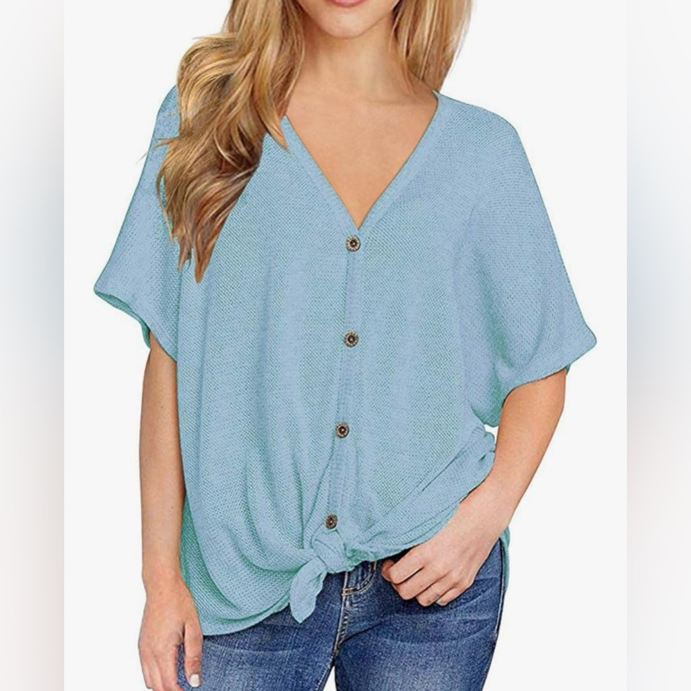 Short Sleeve V-Neck Button Down T-Shirt